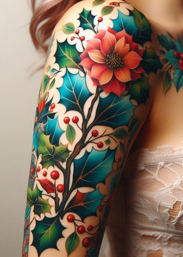 Embrace the festive spirit with a holly branch birth flower tattoo. This design symbolizes protection and the joy of the holiday season.