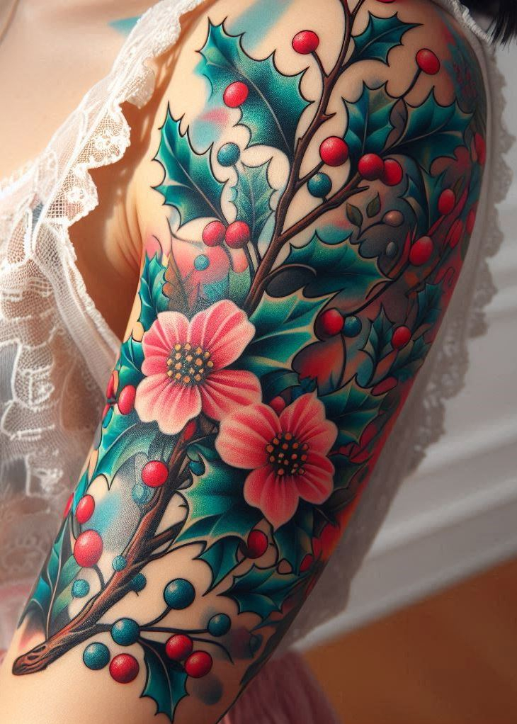 A holly branch birth flower tattoo is perfect for December birthdays. The vibrant leaves and berries make a beautiful and meaningful statement.
