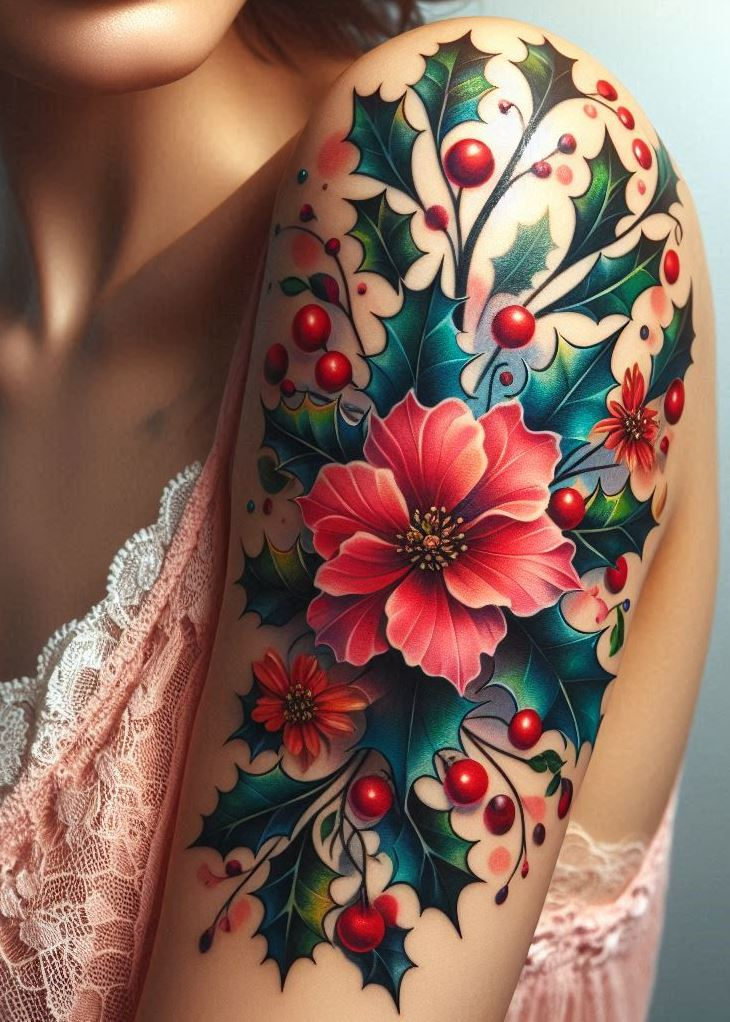Celebrate the holiday season year-round with a holly branch birth flower tattoo. This design brings festive cheer and resilience to your ink.