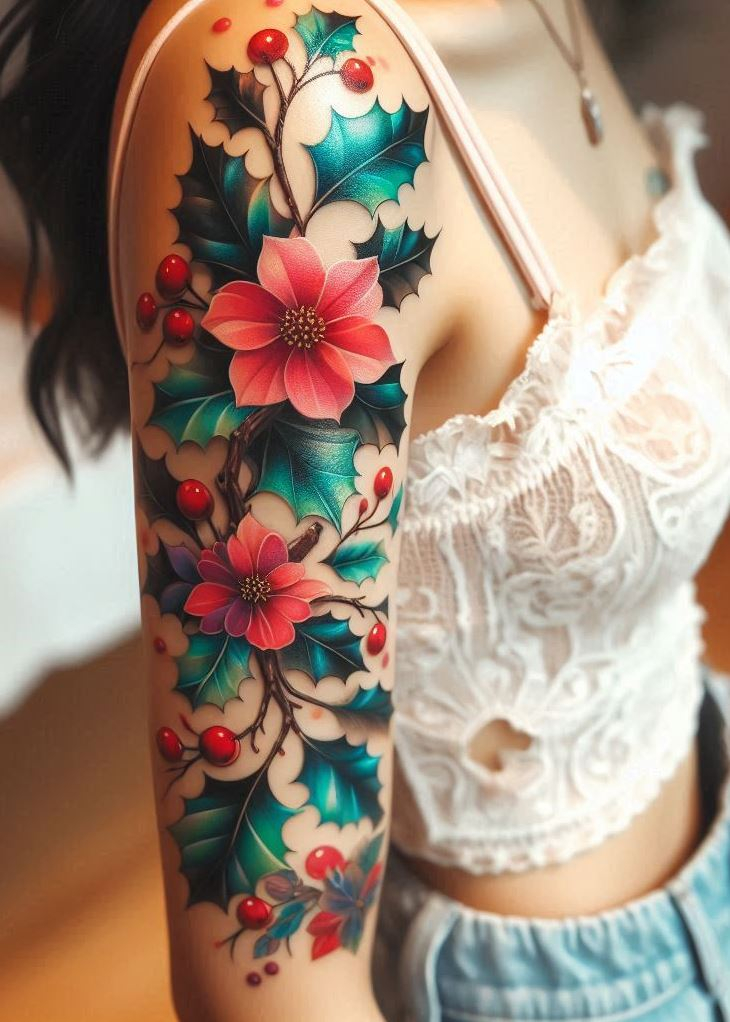 Adorn your skin with a holly branch birth flower tattoo. Perfect for those who love the winter season and its symbolism of protection.