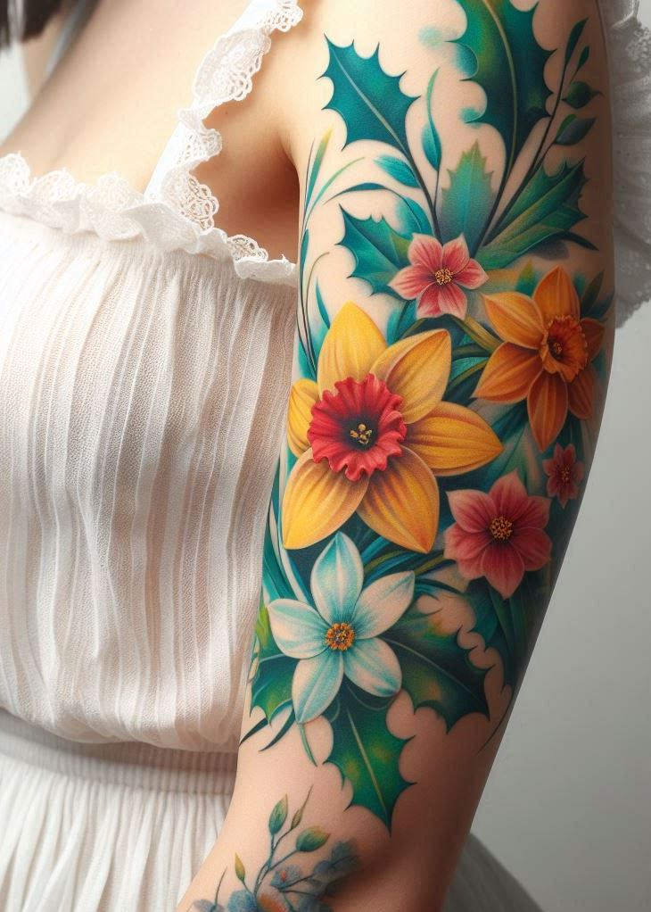 Combine symbols of hope and festivity with a narcissus and holly birth flower tattoo. Perfect for those born in December.