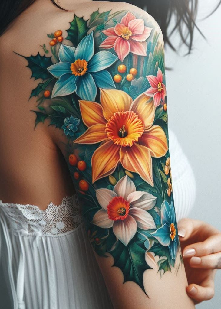 A narcissus and holly birth flower tattoo intertwines renewal and protection. Ideal for those who appreciate the beauty of both flowers.