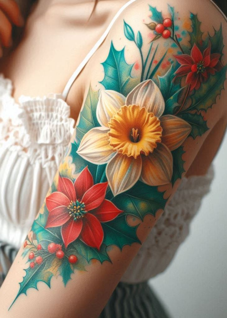 Celebrate your birth month with a narcissus and holly birth flower tattoo. This unique design blends the meanings of both flowers beautifully.