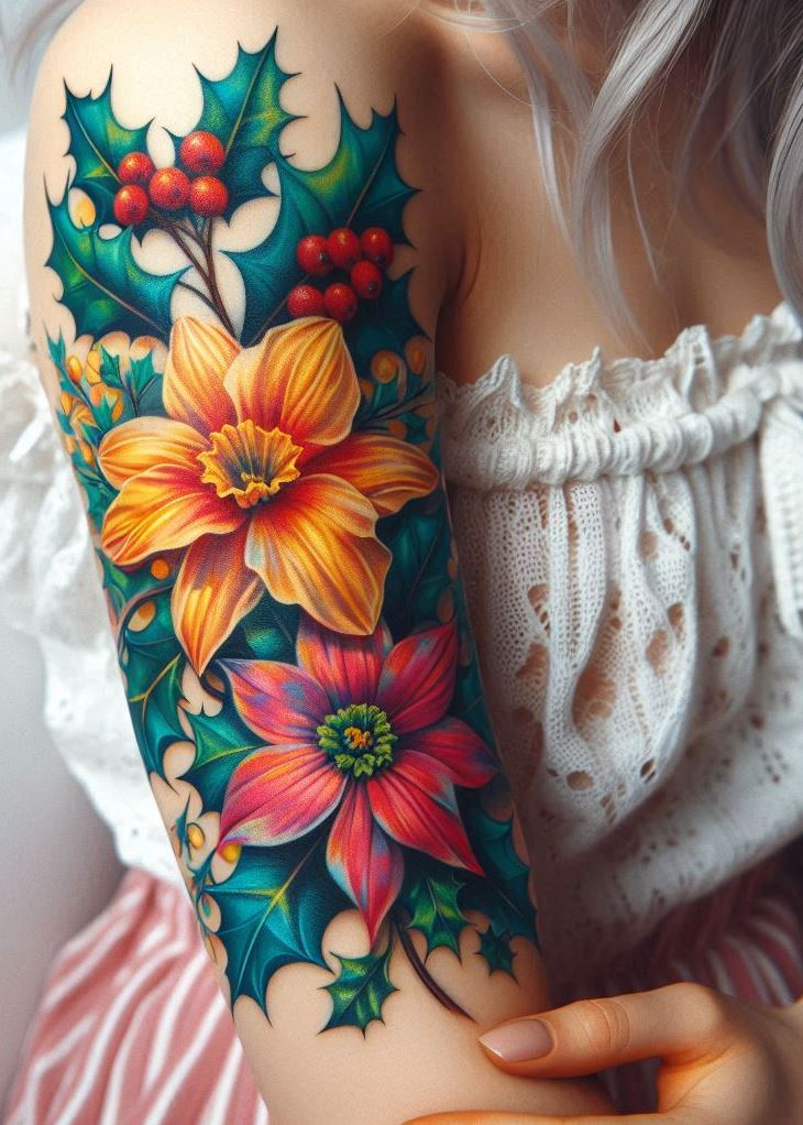Adorn your skin with a narcissus and holly birth flower tattoo. This combination brings a festive and hopeful touch to your body art.