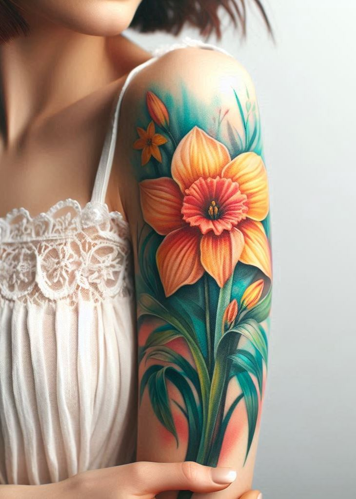 A single narcissus birth flower tattoo symbolizes renewal and hope. Perfect for those who appreciate the beauty of simplicity.