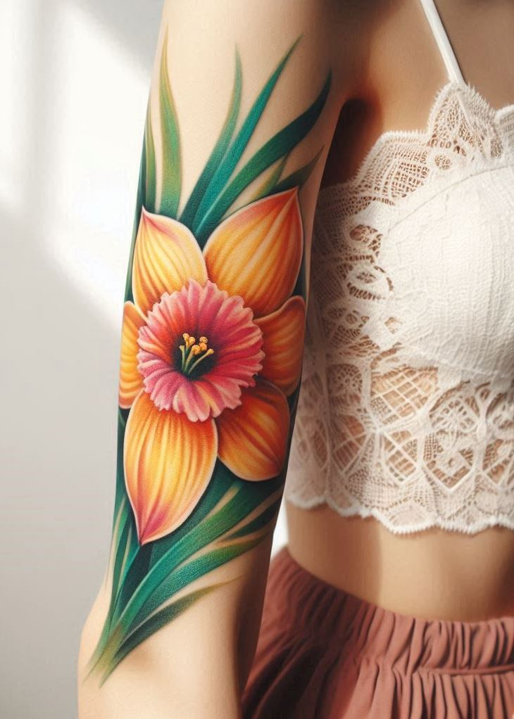 Celebrate your birth month with a single narcissus birth flower tattoo. This elegant design captures the essence of new beginnings.