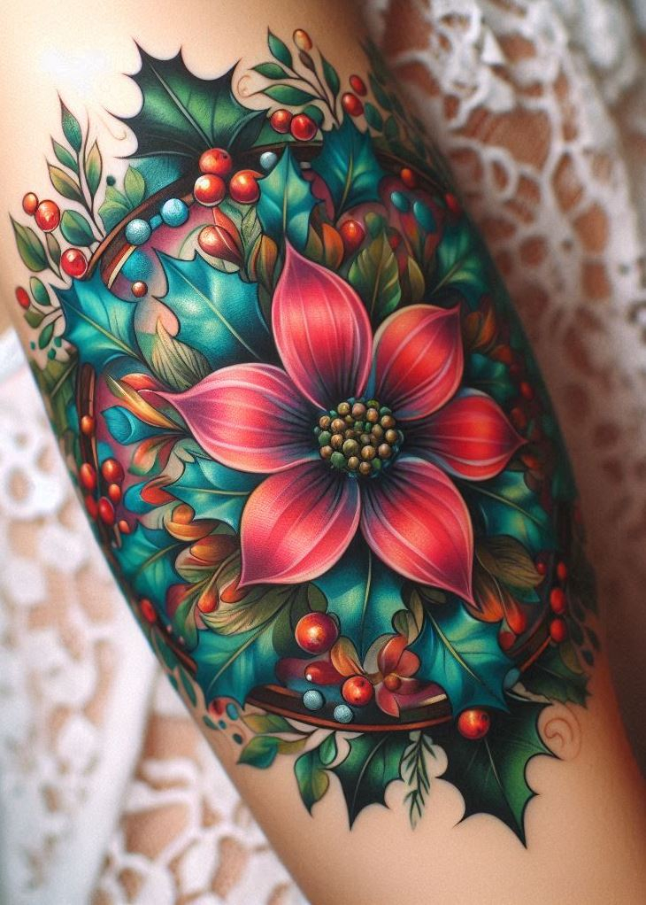 Celebrate the holiday spirit year-round with a holly wreath birth flower tattoo. This design symbolizes protection and festive cheer.