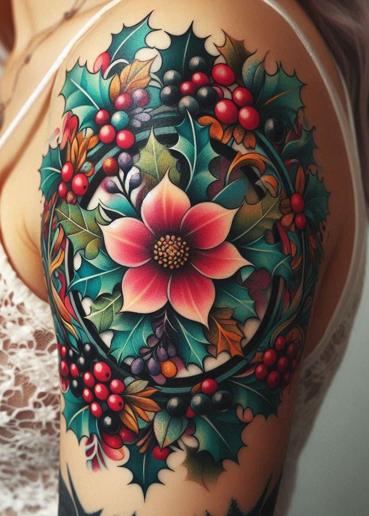 A holly wreath birth flower tattoo is perfect for those who love the holiday season. The circular design brings a touch of winter magic.