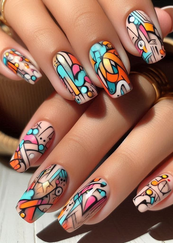 Abstract Nail Art: It's Not Just Random Splotches (We Promise!) | Pocoko Metallic Masterpiece: Graffiti Style Nails with a Luxe Touch Feeling fancy with your Graffiti Style Nails? Elevate them with a touch of luxury! Use a black base coat and then create bold lines and splatters with a metallic polish like gold or silver. It adds a touch of glam and sophistication to this edgy trend, proving street art can be chic.