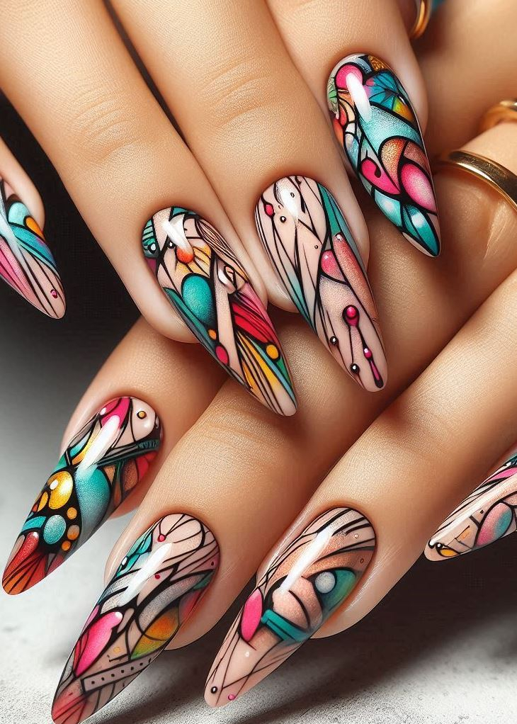 Abstract Nail Art: It's Not Just Random Splotches (We Promise!) | Pocoko Graffiti Style Nails with a Glowing Twist Craving a dose of electric energy on your fingertips? Take your Graffiti Style Nails to the next level with neon polishes! Use vibrant neon shades to create bold lines, drips, and splatters. It's the perfect way to express your artistic spirit and add a touch of electrifying style to your look.