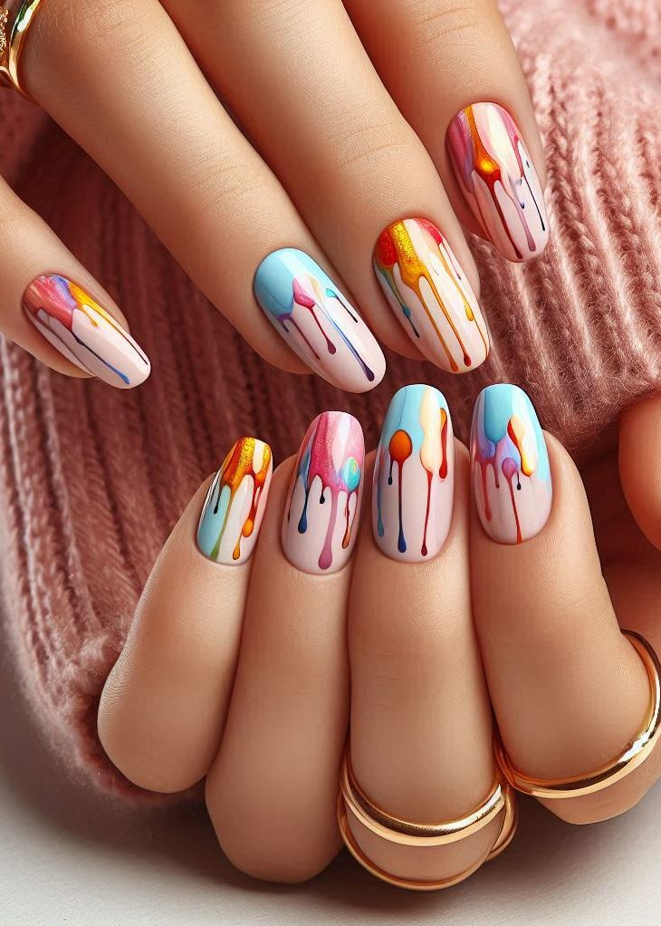 Abstract Nail Art: It's Not Just Random Splotches (We Promise!) | Pocoko Rainbow Cascade: These nails are like a psychedelic waterfall—colors dripping, swirling, and splashing onto your fingertips. It’s like your nails attended a rave and came back with a glow-in-the-dark secret. 🌈🎉
