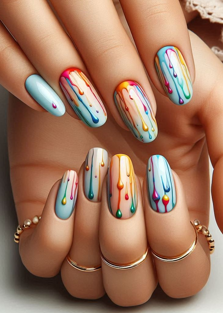 Abstract Nail Art: It's Not Just Random Splotches (We Promise!) | Pocoko Dripping Dreams: These nails are like the remnants of a magical potion. They’re the colors that escape from dreams and land on your fingertips. Wear them proudly—they’re your imagination’s fingerprints. 🌟💫