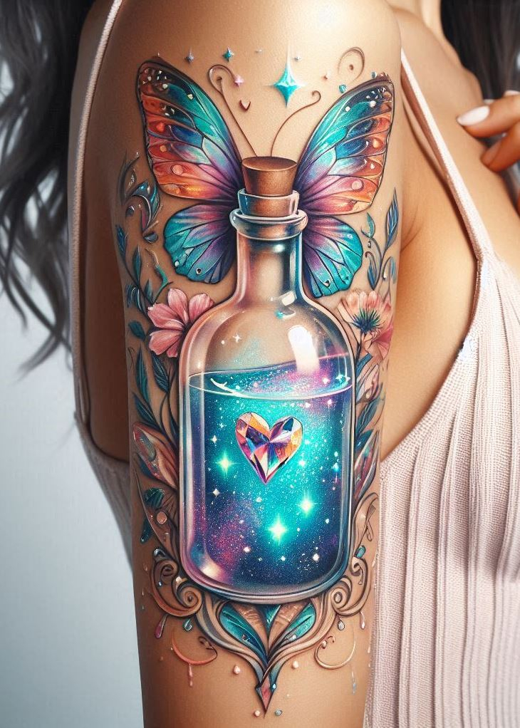 Behold a bottled ballet on your skin, where iridescent hues and butterfly grace converge, crafting a tattoo that’s a symphony of shimmer.
