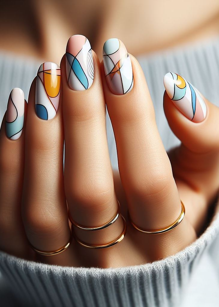 Abstract Nail Art: It's Not Just Random Splotches (We Promise!) | Pocoko Whispered Geometry: These nails are like secret codes for the universe. Triangles, lines, and dots—they’re the language of elegance. Minimalism meets cosmic communication. 🌌