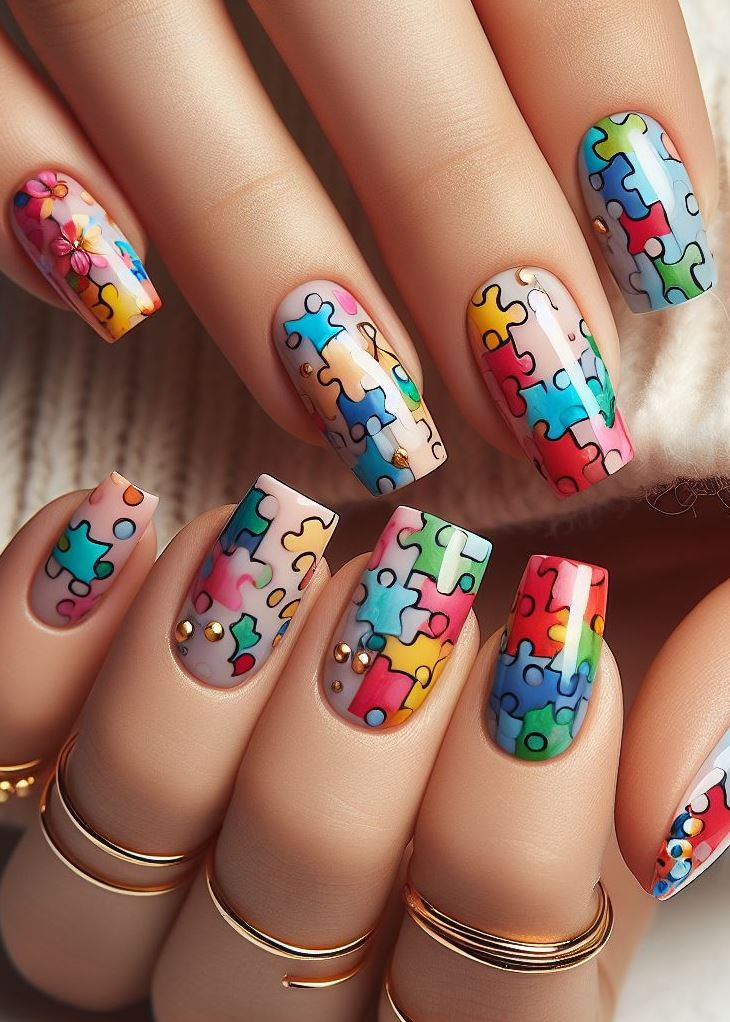 Abstract Nail Art: It's Not Just Random Splotches (We Promise!) | Pocoko Quirky & Cute: Puzzle Piece Nails for the Mismatched Feeling like your nails need a dose of whimsy? Embrace your unique style with Puzzle Piece Nails! Paint each nail a different color, then add a puzzle piece outline in black. It's a playful way to show the world you celebrate being one-of-a-kind, just like a perfectly imperfect puzzle piece!