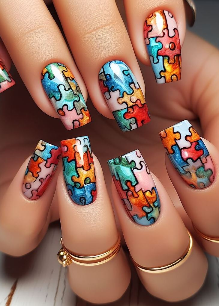 Abstract Nail Art: It's Not Just Random Splotches (We Promise!) | Pocoko Puzzle Piece Nails with a Glimmering Edge Seeking a touch of glam with your Puzzle Piece Nails? Go for the metallic mayhem! Paint your base coat black and then create puzzle piece outlines in a shimmery metallic polish like gold or silver. It adds a touch of sophistication and unexpected sparkle to this quirky trend.