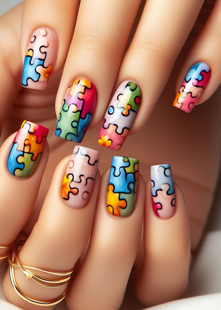 Abstract Nail Art: It's Not Just Random Splotches (We Promise!) | Pocoko Minimalist Magic: Puzzle Piece Nails with a Single Piece Feeling like "less is more"? Embrace the minimalist approach with Puzzle Piece Nails! Paint a single, bold puzzle piece outline on each nail using a contrasting color. It's a subtle yet impactful way to rock this trend, proving that even one piece can make a statement.
