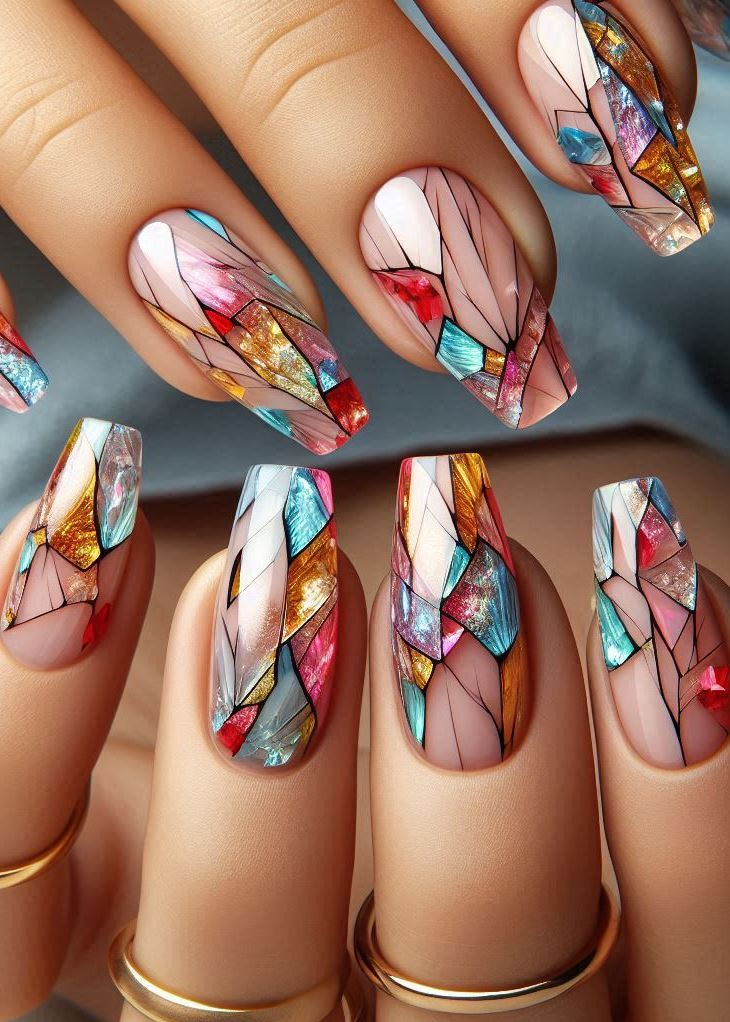 Abstract Nail Art: It's Not Just Random Splotches (We Promise!) | Pocoko When your nails channel their inner kaleidoscope: These shattered glass beauties reflect light like a disco ball at a rock concert. 🌟🎸