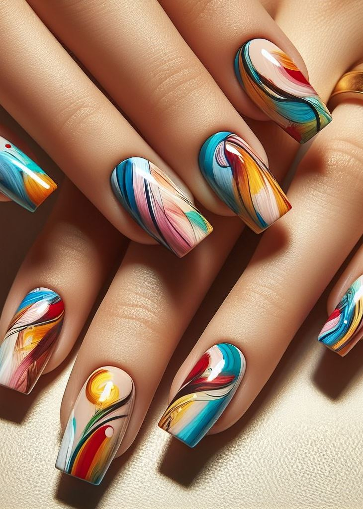 Abstract Nail Art: It's Not Just Random Splotches (We Promise!) | Pocoko Bold & Playful: Pop Art Brushstroke Nails Feeling like making a statement? Go bold and playful with Pop Art Brushstroke Nails! Use contrasting colors and bold brushstrokes, creating a graphic and eye-catching design on your nails. Think Roy Lichtenstein meets your fingertips!