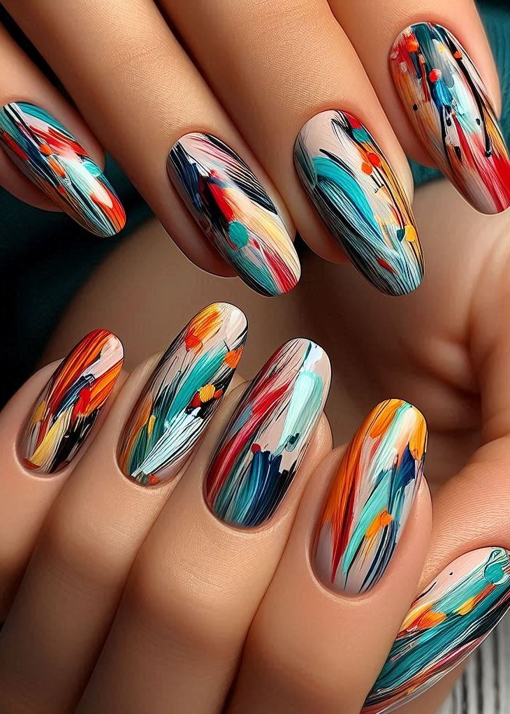 Abstract Nail Art: It's Not Just Random Splotches (We Promise!) | Pocoko Effortless Chic with a Brush: Brushstroke Nails Who needs a steady hand when you can have effortless chic? Brushstroke Nails are the perfect solution for those who love the look of artistic nails but aren't nail art pros. A few quick, loose strokes in different colors add instant personality to your fingertips.