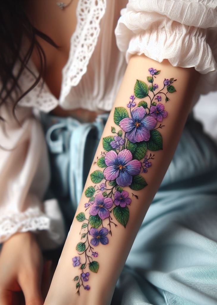 "Ink Bouquet: Embrace the violet’s symbolism of loyalty and devotion. This garland tattoo blooms with clusters of violets, creating an enchanting bouquet that celebrates your birth month. Wear it proudly as a reminder of life’s fragility and resilience." 🌼🌟