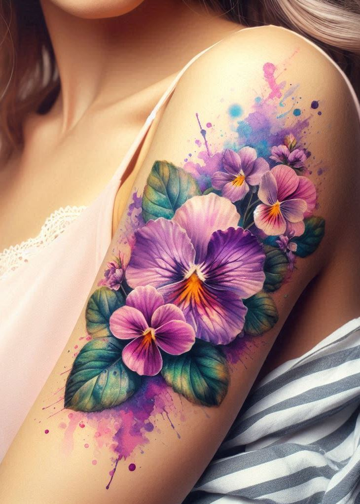 "Whispering Petals: 🎨🌟 Picture delicate violet petals fluttering in a gentle breeze. Your birth-flower tattoo captures that ephemeral beauty—a splash of watercolor on your shoulder. Let it remind you that strength lies in vulnerability, and whispers can change the world." 🌿🌸