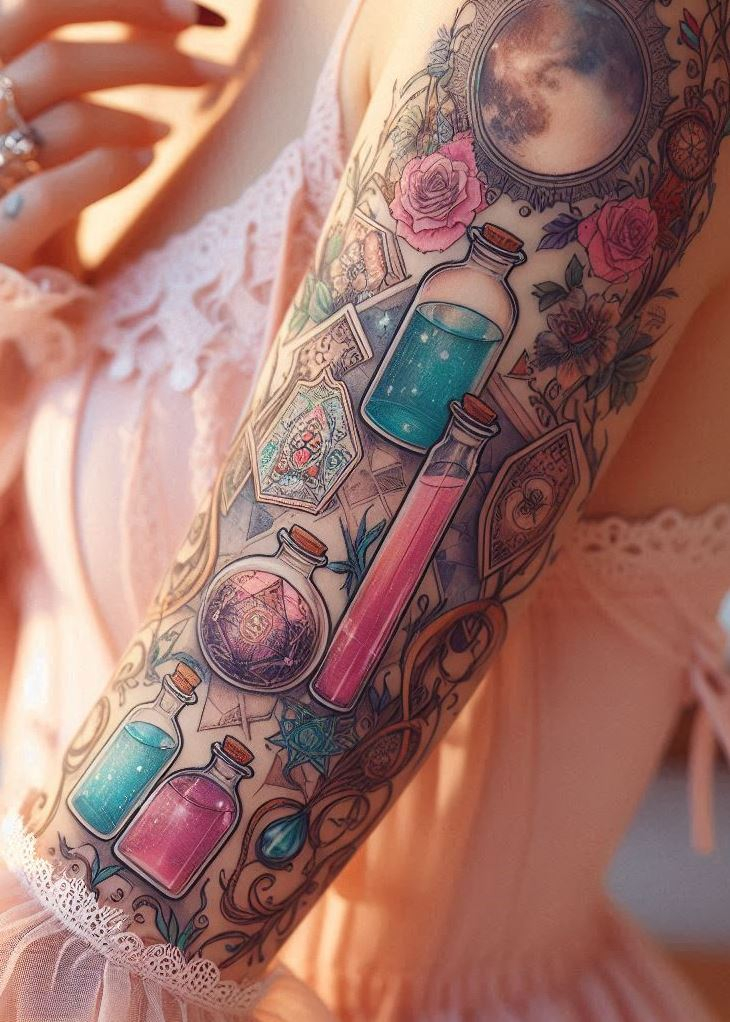 Combine the arcane with the aesthetic in a tattoo that’s more than skin deep. These Magic Potion Tattoos with Tarot card imagery are your spiritual compass etched in ink.