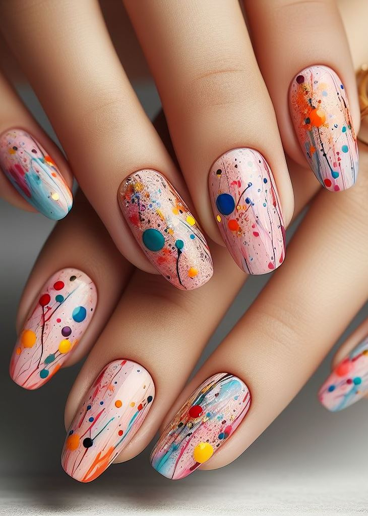 Abstract Nail Art: It's Not Just Random Splotches (We Promise!) | Pocoko Happy Accident Artistry: Splashes and Smudges Nails Ditch the stencils and embrace the happy accident with Splashes and Smudges Nails! Use a light-colored base and then let loose with playful splatters, drips, and smudges in contrasting colors. It's like a mini abstract expressionist masterpiece on each fingertip, celebrating the beauty of imperfection.