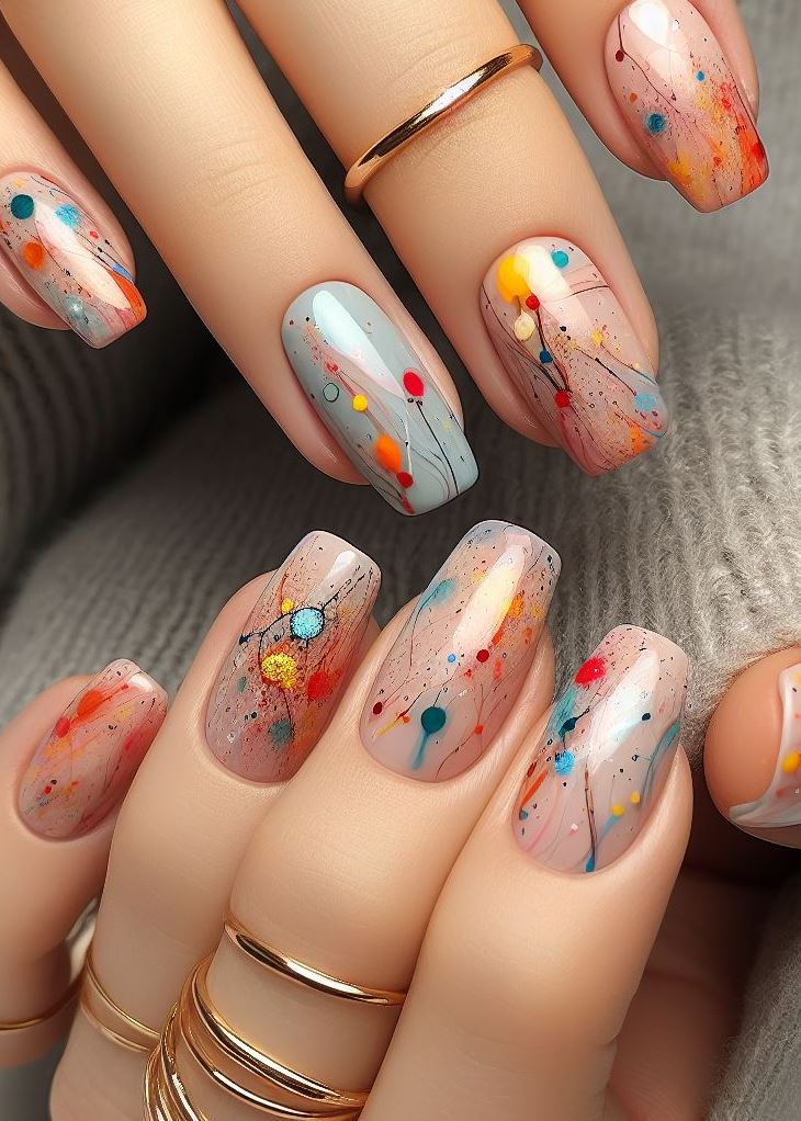 Abstract Nail Art: It's Not Just Random Splotches (We Promise!) | Pocoko Cosmic Splatter: Splashes and Smudges Nails with a Stellar Twist Channel your inner space explorer with cosmic splatter Splashes and Smudges Nails! Use a black base coat as your night sky and then create splatters and smudges in various shades of blues, purples, and whites. Add a touch of shimmer with a silver glitter polish for a truly celestial look.