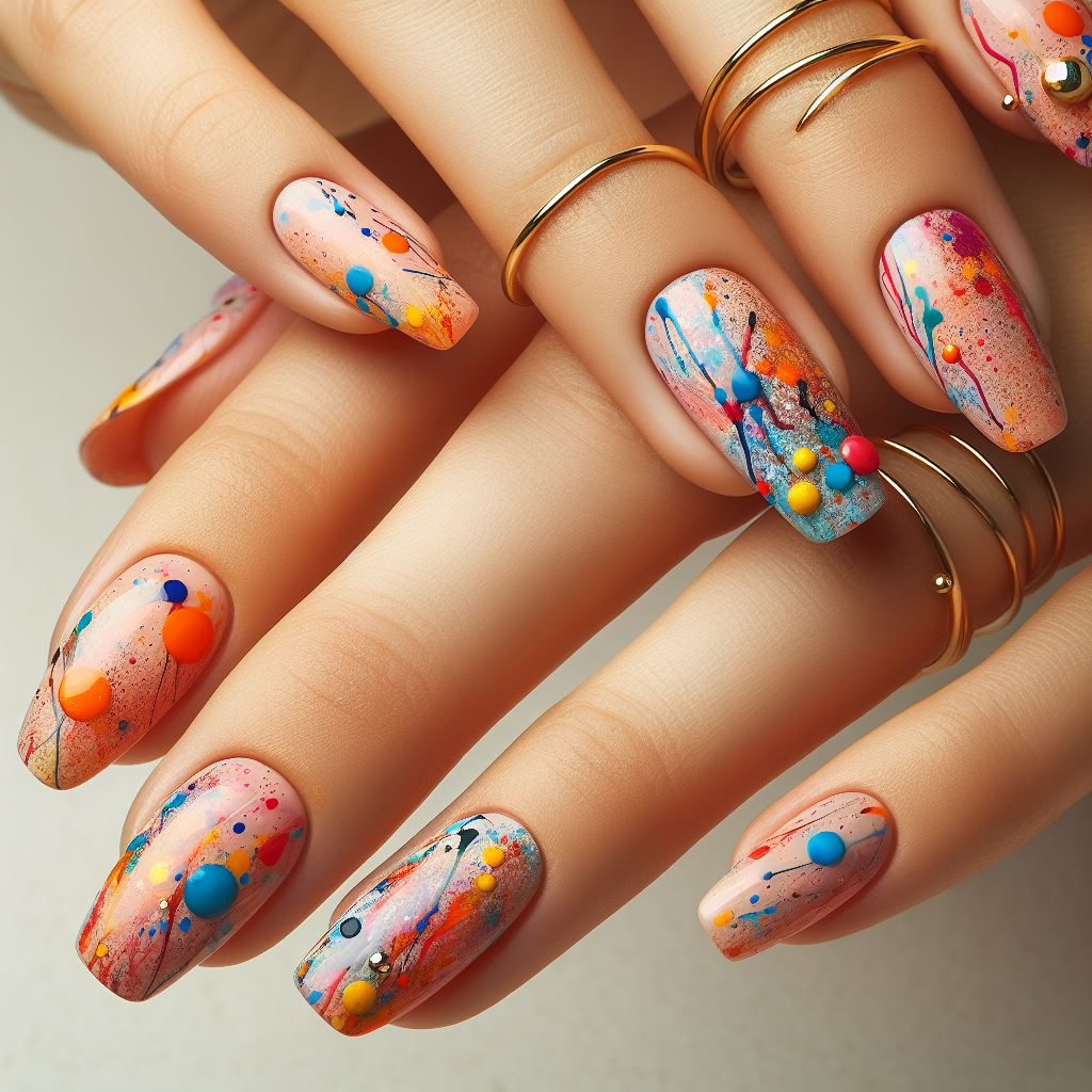 Abstract Nail Art: It's Not Just Random Splotches (We Promise!) | Pocoko Grunge Chic: Splashes and Smudges Nails with an Edgy Touch Feeling like rocking a more alternative vibe? Embrace the grunge chic look with Splashes and Smudges Nails! Use a dark gray base coat and then create bold splatters and smudges in black and white polishes. Add a touch of shimmer with a silver glitter polish for a touch of unexpected glam.