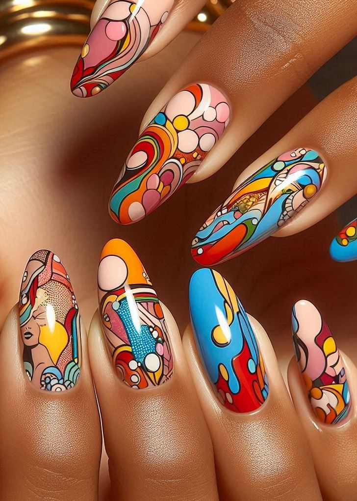 Abstract Nail Art: It's Not Just Random Splotches (We Promise!) | Pocoko Dots & Stripes Delight: Pop Art Elements Nails with a Playful Pattern Feeling like a burst of classic Pop Art? Embrace the dots and stripes with Pop Art Elements Nails! Paint your nails in alternating colors and then add bold black dots in varying sizes on some nails and thick, contrasting stripes on others. It's a timeless and eye-catching way to rock this iconic trend.