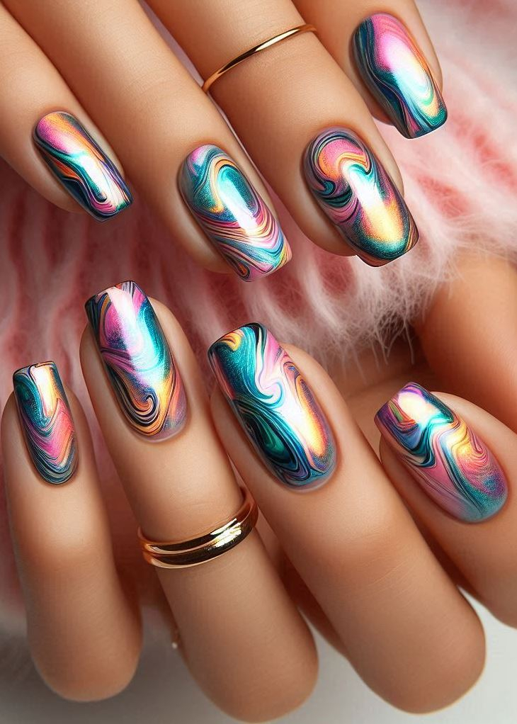 Abstract Nail Art: It's Not Just Random Splotches (We Promise!) | Pocoko Nail art that dances with light: These oil slick nails are like a cosmic collision of colors—iridescent, mesmerizing, and utterly dreamy.