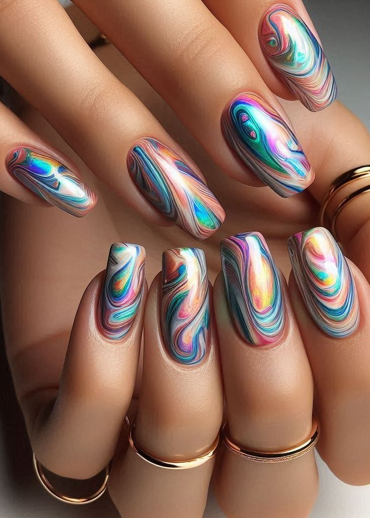 Abstract Nail Art: It's Not Just Random Splotches (We Promise!) | Pocoko Warning: May cause nail envy and spontaneous compliments: These oil slick nails are the ultimate conversation starters.