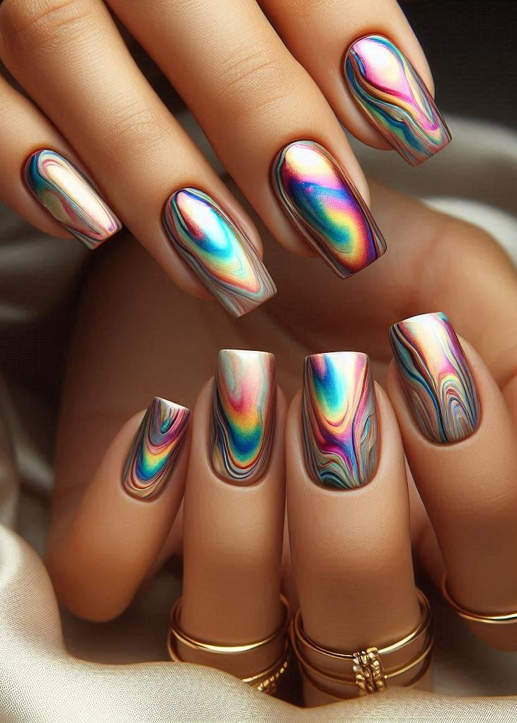 Abstract Nail Art: It's Not Just Random Splotches (We Promise!) | Pocoko Galactic Glamour: These oil slick nails are like a cosmic collision of colors—iridescent, mesmerizing, and utterly dreamy.