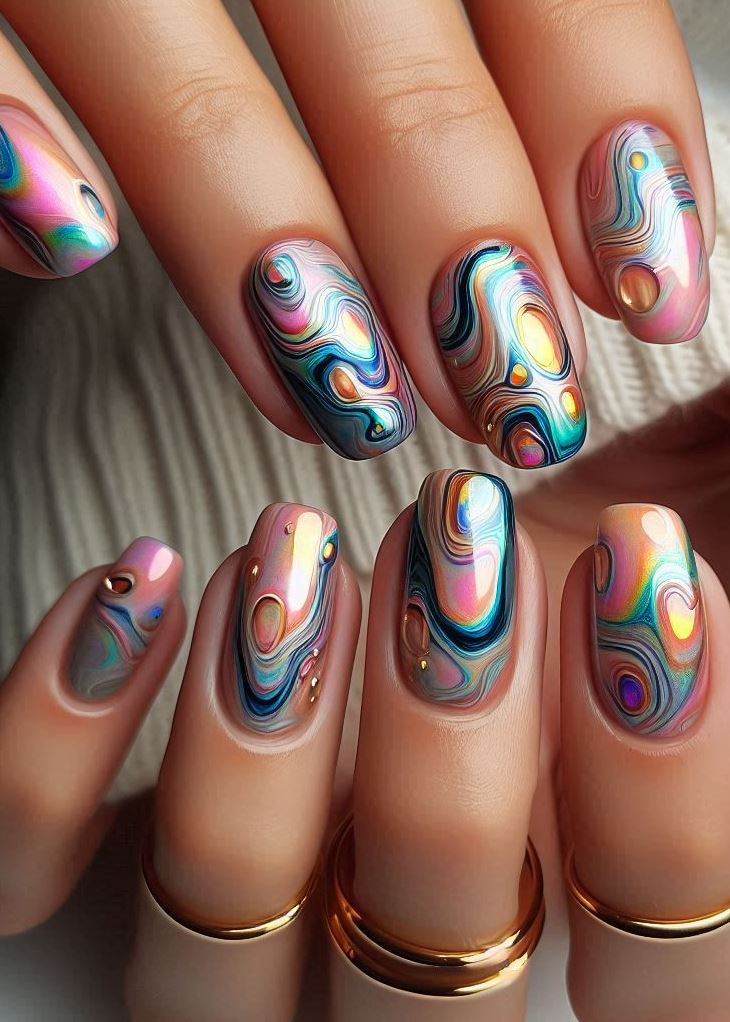 Abstract Nail Art: It's Not Just Random Splotches (We Promise!) | Pocoko Mermaid Vibes: Dive into the iridescent depths with these oil slick nails. They’re the aquatic fantasy your fingertips deserve.