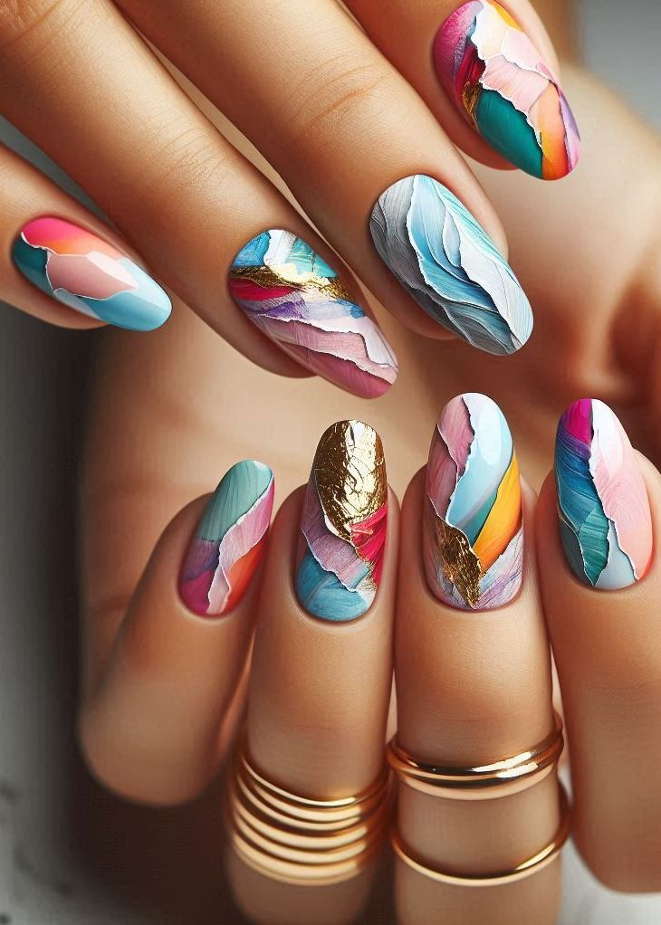 Abstract Nail Art: It's Not Just Random Splotches (We Promise!) | Pocoko Ripped Runway Ready: Who knew looking ripped could be so refined? These torn paper effect nails are tearing up the fashion scene, one stylish scratch at a time.