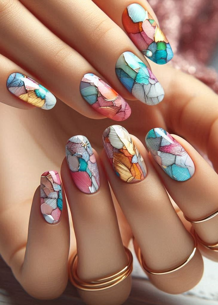 Abstract Nail Art: It's Not Just Random Splotches (We Promise!) | Pocoko Artfully Tattered: Turn heads with a manicure that’s a cut above the rest—torn paper effect nails that are as artfully tattered as a beloved artist’s sketchbook.