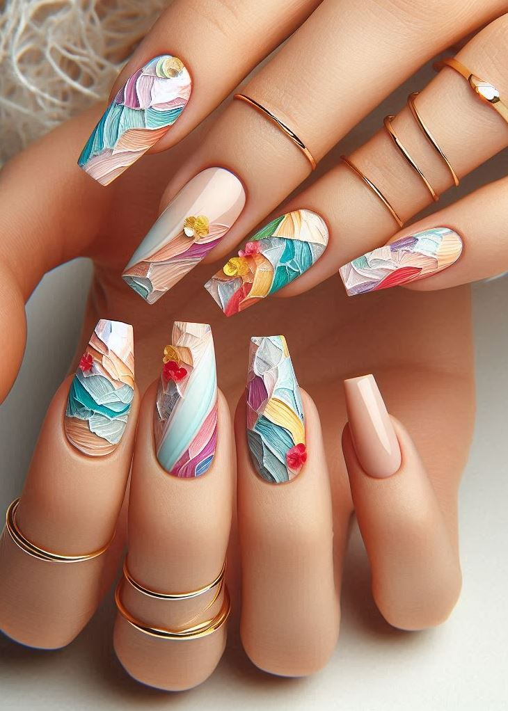 Abstract Nail Art: It's Not Just Random Splotches (We Promise!) | Pocoko Shabby Chic Shreds: Embrace the beauty of imperfection with nails that showcase the shabby yet chic allure of carefully curated tears. It’s a statement that says ‘perfectly imperfect’ in every strand.