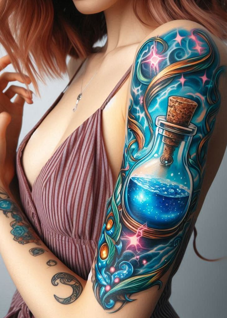 Eye of the Storm: Electric Blue Potion Tattoo with a Glowing Eye: Depict the focused power of a harnessed storm with an electric blue potion bottle adorned with a glowing eye. This design symbolizes the ability to control the raw energy of the storm and unleash focused magic for protection and transformation.