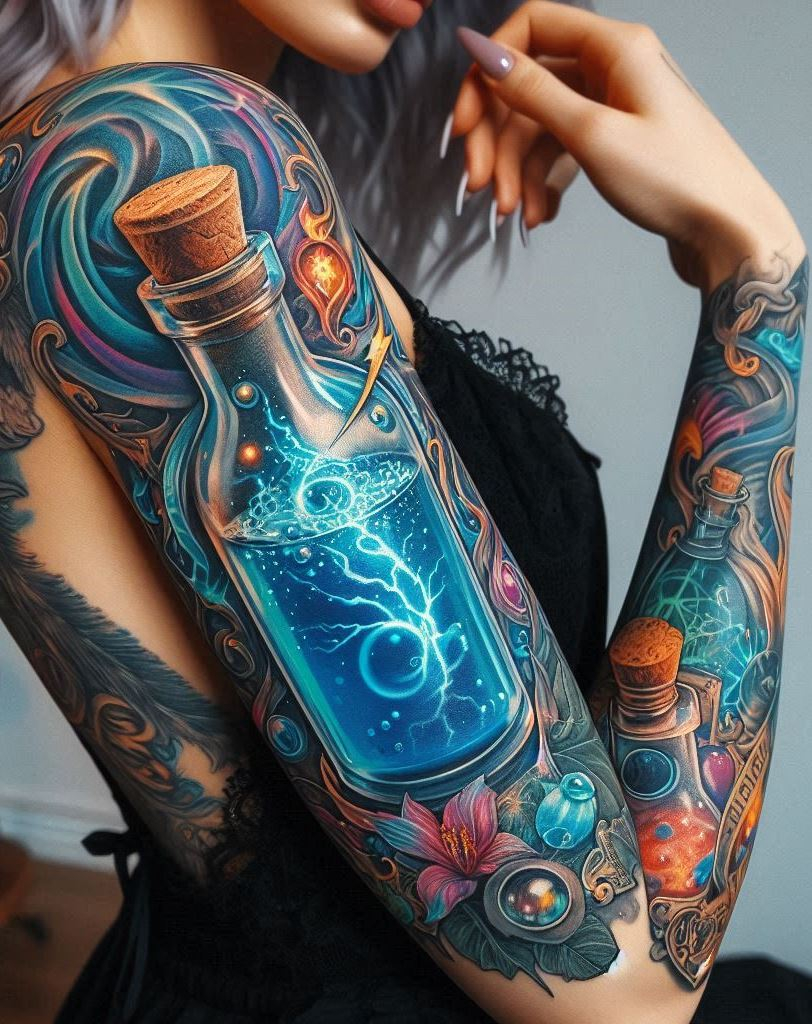 Weather Weaver: Electric Blue Potion Tattoo with Weather Symbols: Showcase your mastery over the storm's magic with an electric blue potion bottle etched with intricate weather symbols. This design represents the ability to control the elements and craft powerful elixirs using the language of the storm.