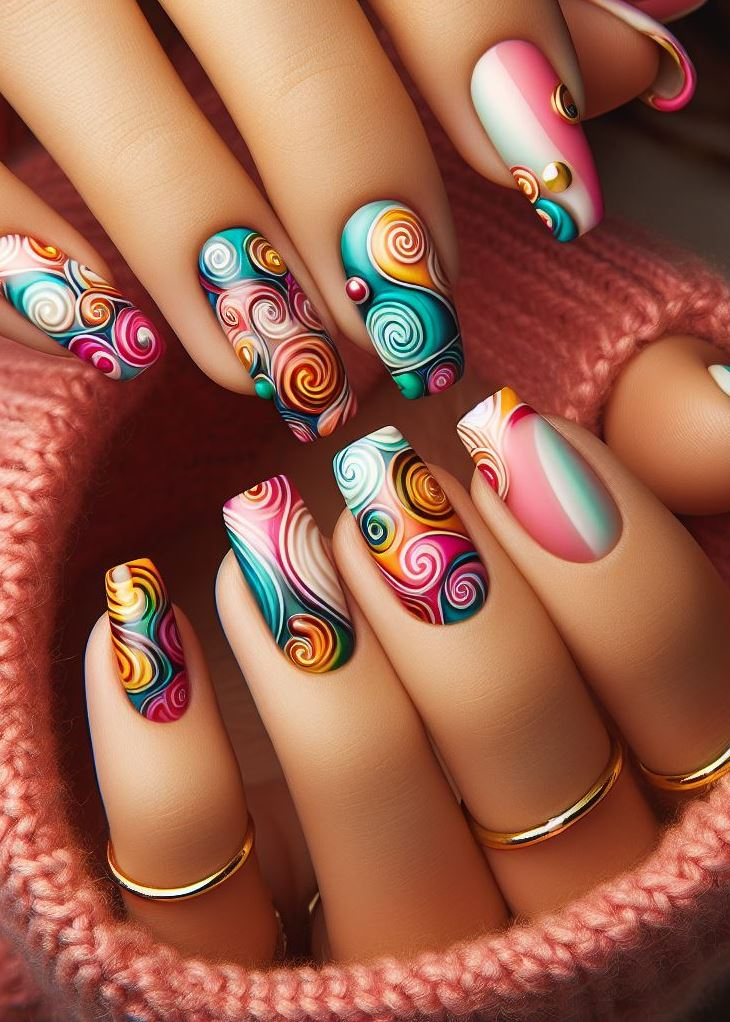 Abstract Nail Art: It's Not Just Random Splotches (We Promise!) | Pocoko Galactic Whirlpool: Imagine your nails as cosmic swirls, pulling you into a galaxy of vibrant hues. These nails evoke the mystery of black holes and the brilliance of distant stars. Each stroke is like a comet’s tail, leaving a trail of wonder.
