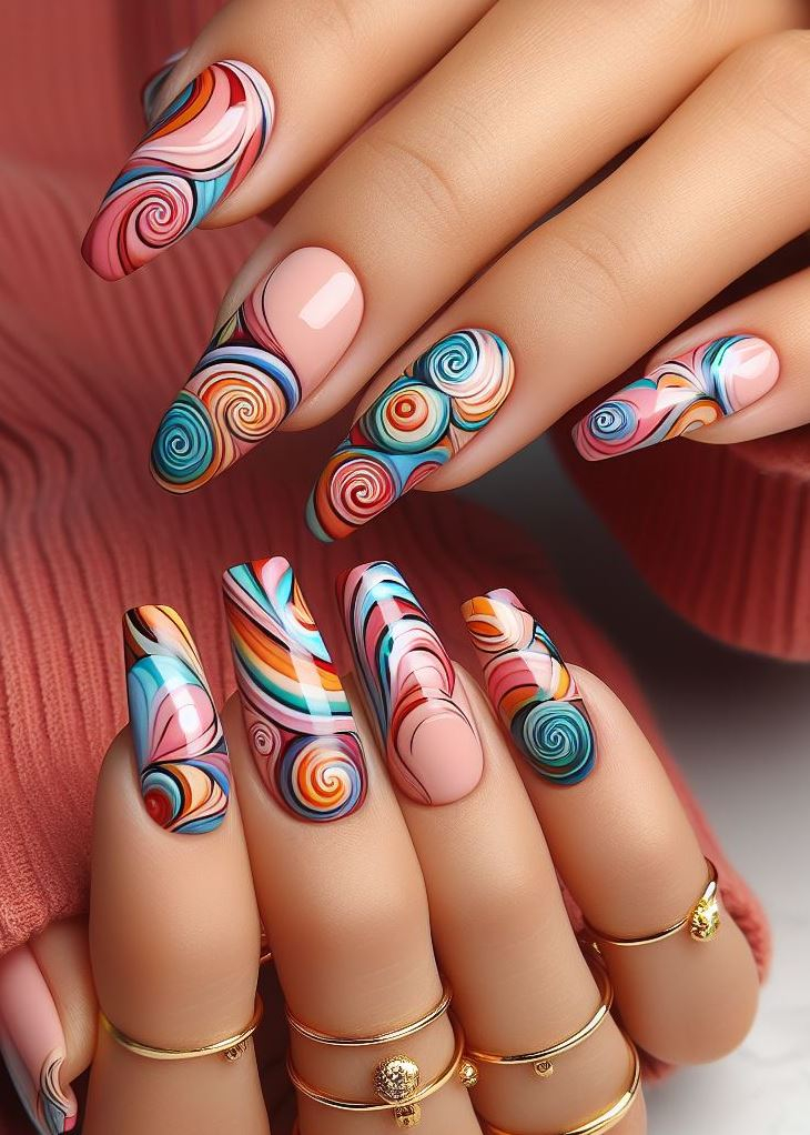 Abstract Nail Art: It's Not Just Random Splotches (We Promise!) | Pocoko Retro Revival: Channel the psychedelic '60s with these groovy swirls. Picture lava lamps, tie-dye shirts, and Woodstock vibes. These nails are a time machine to an era of free love and kaleidoscopic dreams.