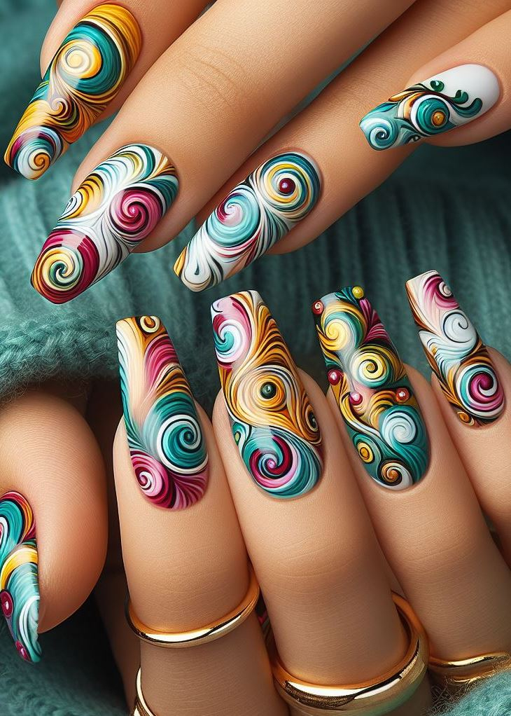 Abstract Nail Art: It's Not Just Random Splotches (We Promise!) | Pocoko Whimsical Windstorms: These nails capture the essence of a playful breeze. Swirling lines dance across your nails, hinting at secret messages only the wind can decipher. Wear them to spark conversations and leave everyone wondering about the stories hidden within.