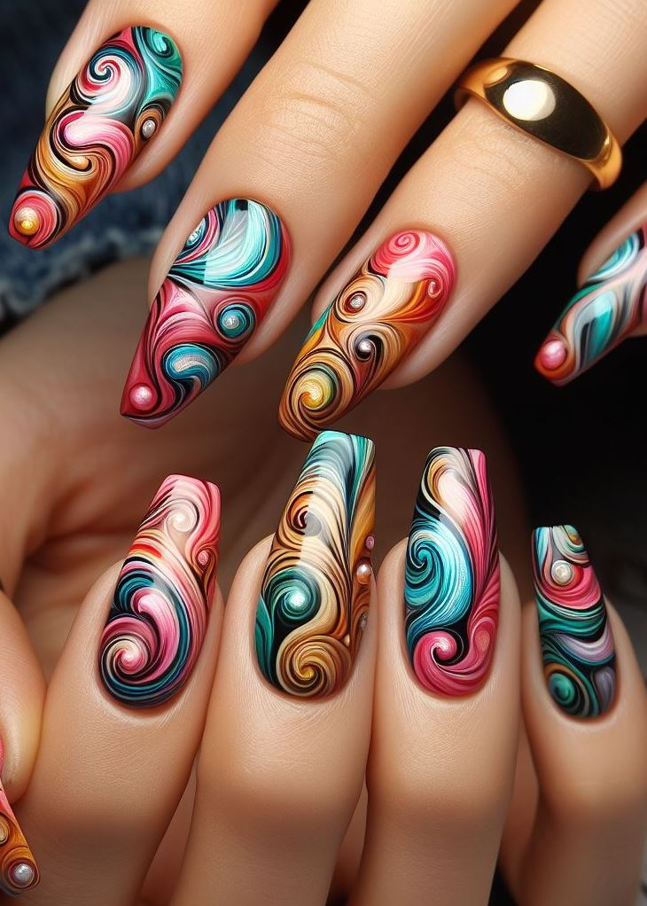 Abstract Nail Art: It's Not Just Random Splotches (We Promise!) | Pocoko Abstract Symphony: Picture an artist’s brush swirling through a palette of colors. These nails are like musical notes on a canvas—each curve and loop composing a unique melody. Whether you’re attending a gallery opening or sipping coffee at a cozy café, your nails will steal the show.