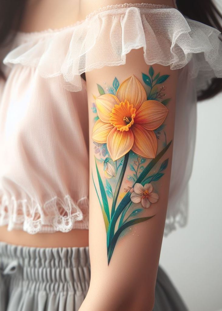 Daffodil Solitude: 🌼 A single daffodil, delicate and proud, graces your skin like a whispered promise of spring. Its golden trumpet sings of hope, rebirth, and the courage to bloom anew. Wear it on your wrist or ankle—the essence of March captured in ink. 🌿✨