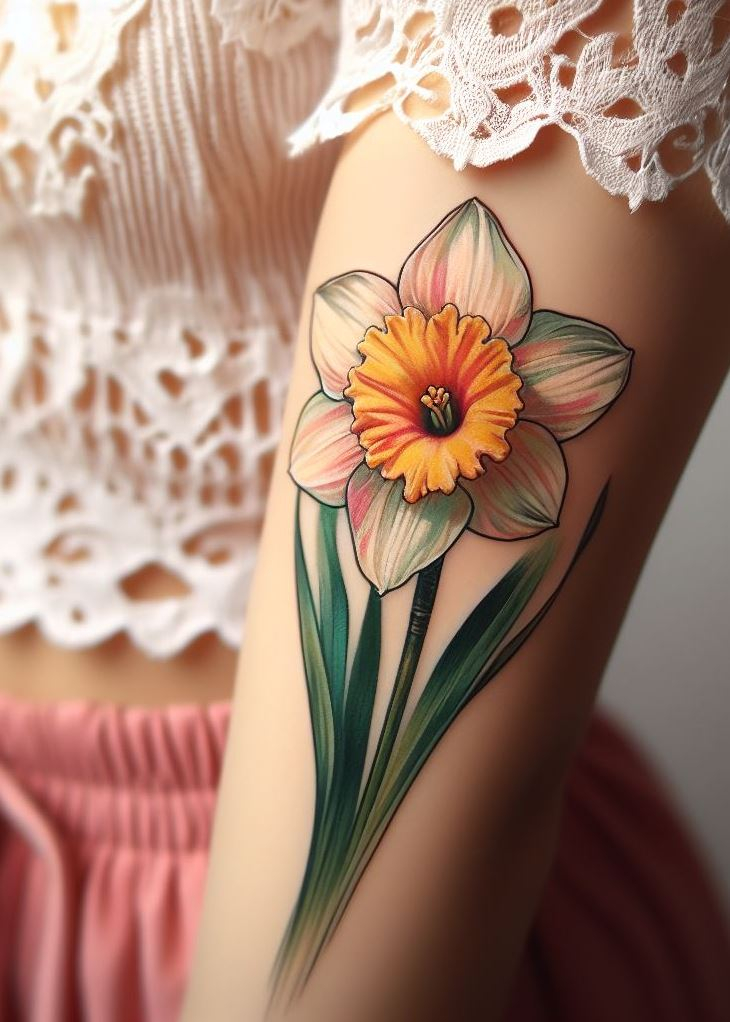 Sun-Kissed Petals: ☀️🌼 Imagine sunlight filtering through daffodil petals—their vibrant yellow a beacon of warmth. This watercolor tattoo captures that luminous spirit. Place it on your collarbone or ribcage, and let the daffodil remind you to embrace life’s sunny moments. 🎨🌟
