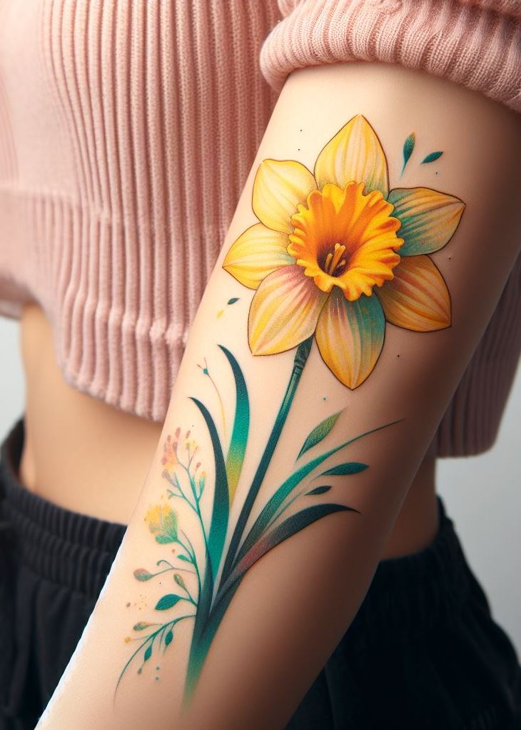 March’s Whispers: 🌱🌼 A single daffodil, like a secret shared between seasons, graces your skin. Its stem dances with promise, and its petals hold the fragrance of beginnings. Wear it proudly on your forearm—a tribute to March’s quiet strength. 🌸💫