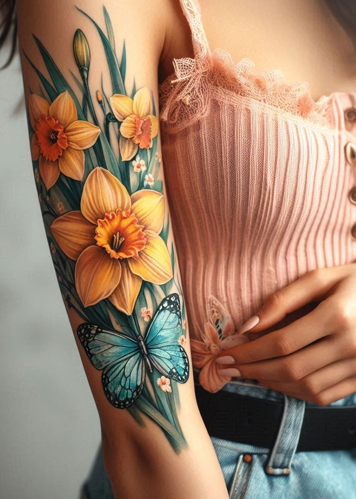 Butterfly Whispers: 🦋🌼 Imagine a butterfly alighting on a daffodil—a delicate dance of transformation. This watercolor tattoo blends the vibrant yellow of daffodils with the ethereal grace of butterflies. Place it on your shoulder blade, and let the metamorphosis unfold.