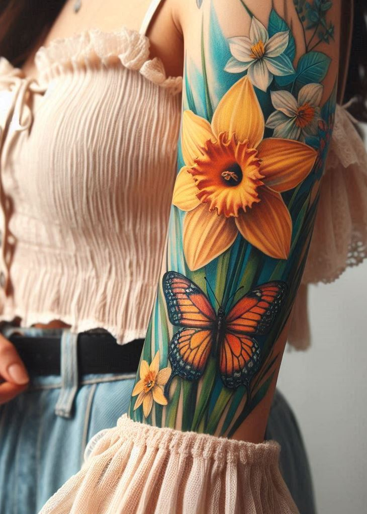 March’s Fusion: 🌱🌼 A fusion of daffodil and butterfly—a celebration of life’s cycles. The daffodil symbolizes renewal, while the butterfly embodies change. Ink this duo on your forearm, and let it remind you that transformation is beautiful.