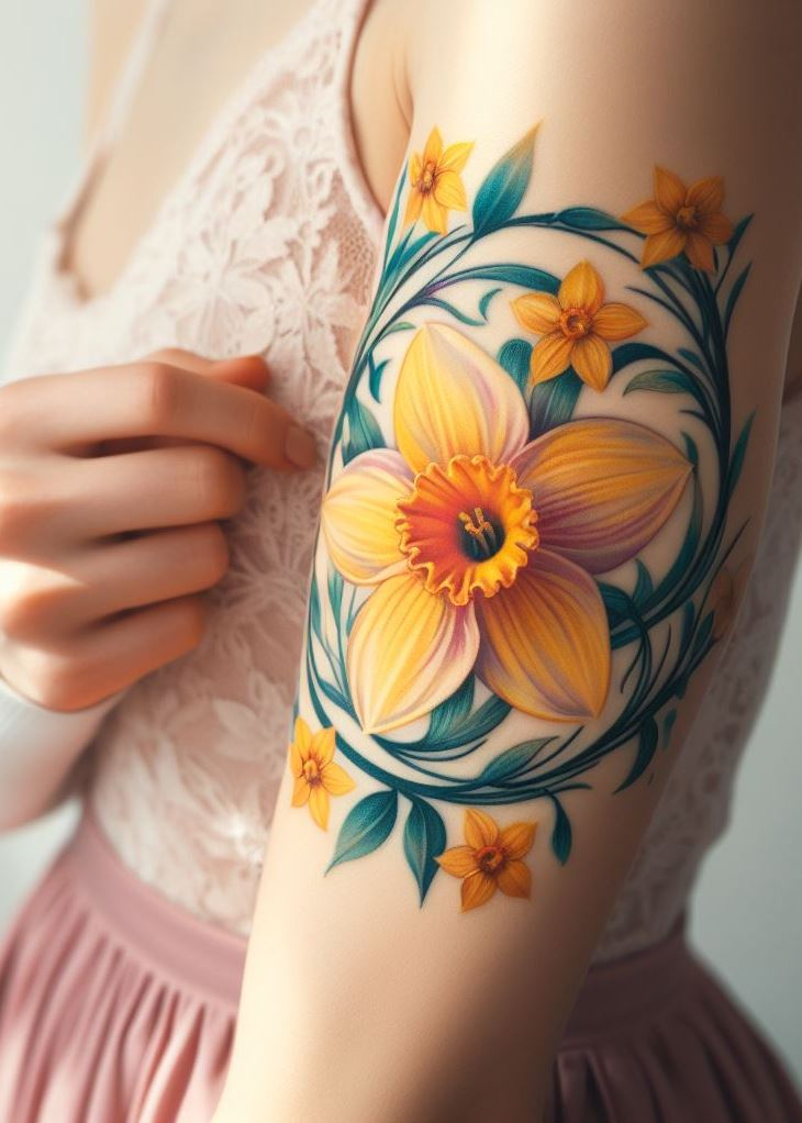 March girls, assemble! This daffodil wreath tattoo is basically spring sunshine woven into a crown. Perfect for the woman who brightens every room she enters. ☀️